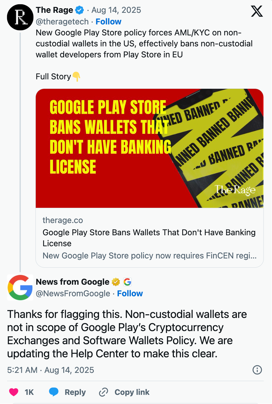 突发!Google发布金融(加密钱包)政策澄清声明