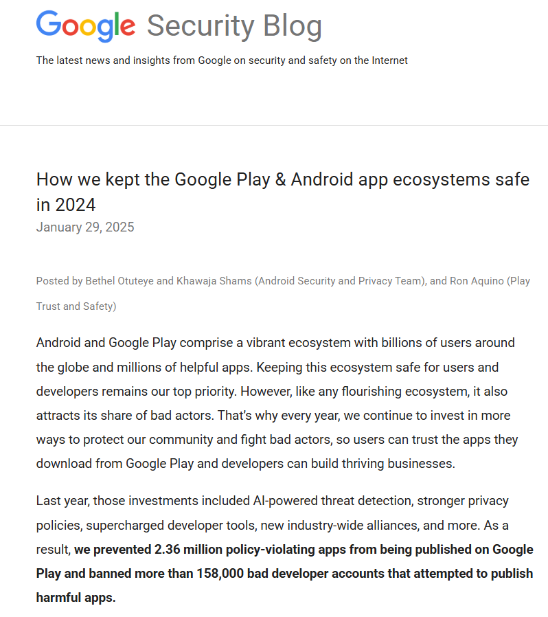 猎杀时刻!Google Play 下架超 236 万款应用,封禁 15.8 万个账号!