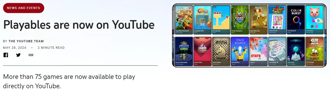 YouTube小游戏平台 Playables正式上线,与 奈飞一较高下!