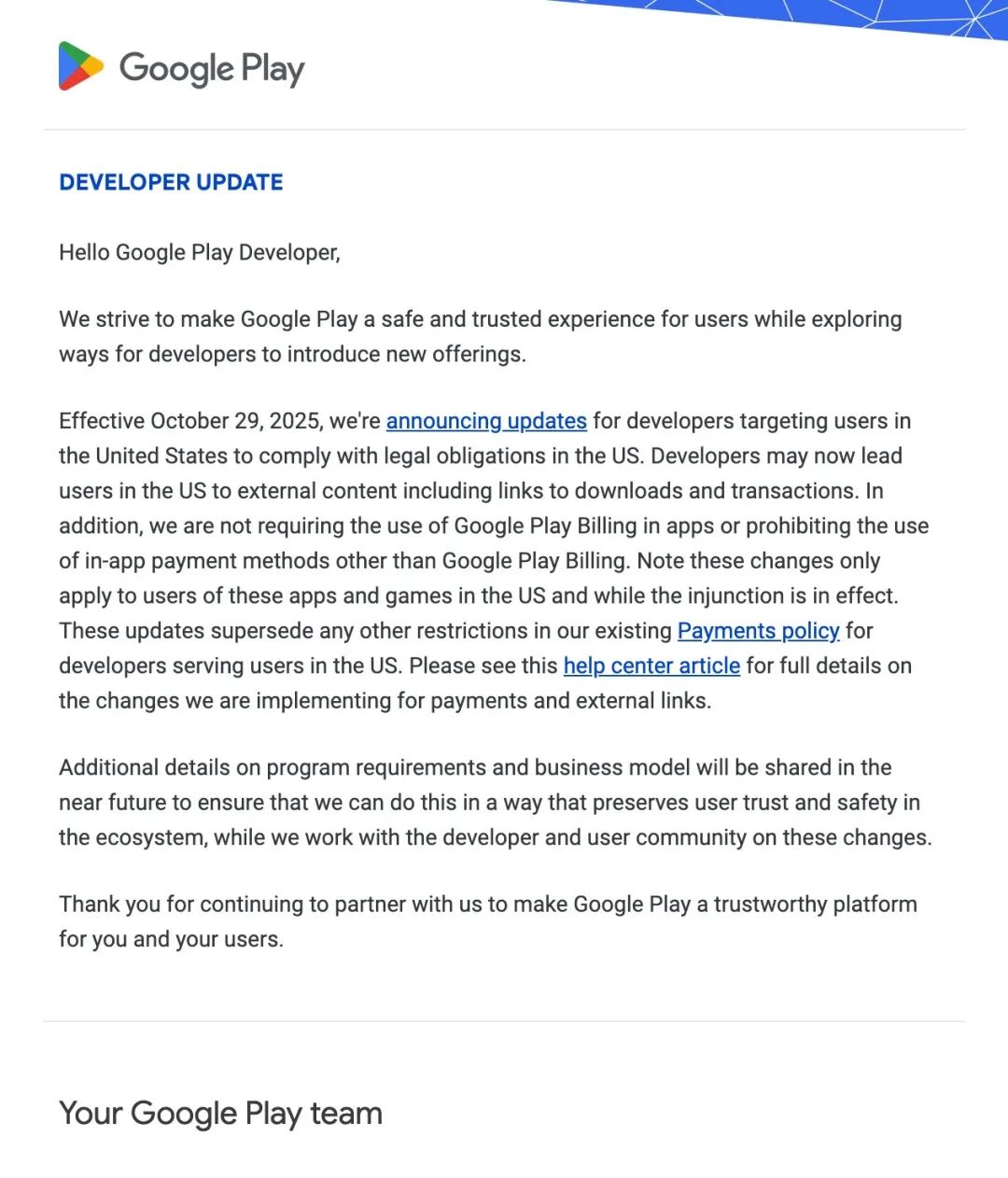 10月29日起,Google Play在美国无条件开放第三方支付